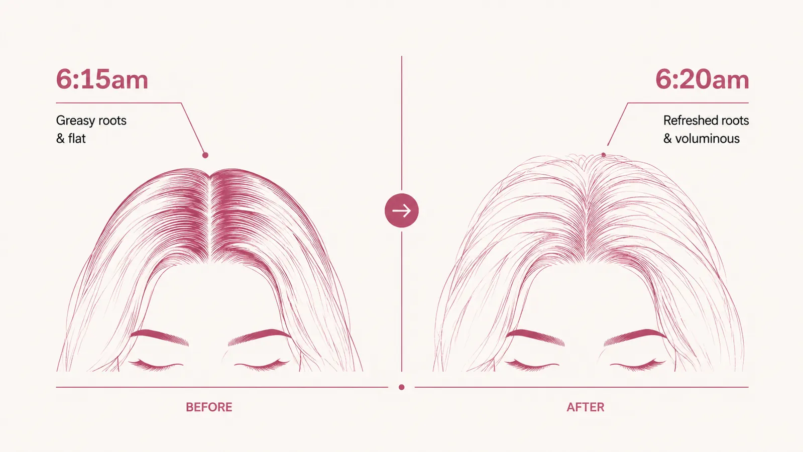 Split comparison of oily roots before and refreshed roots after using dry shampoo