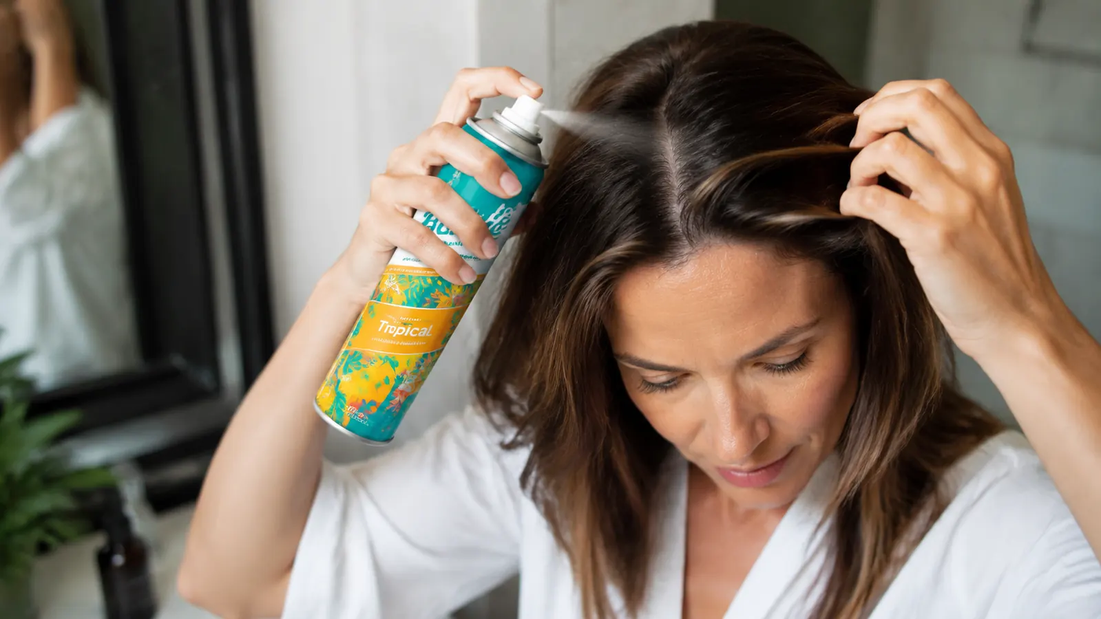 Hand holding the Batiste dry shampoo can six inches from dark hair roots, spraying at the part line