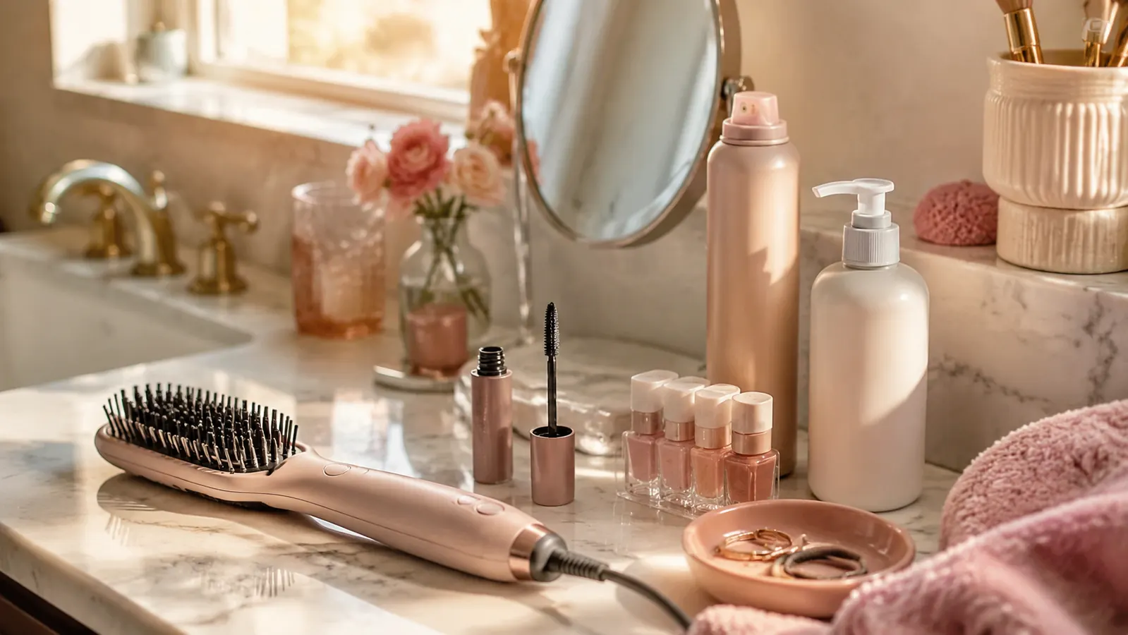A bright bathroom vanity with skincare serum bottles arranged in warm morning light