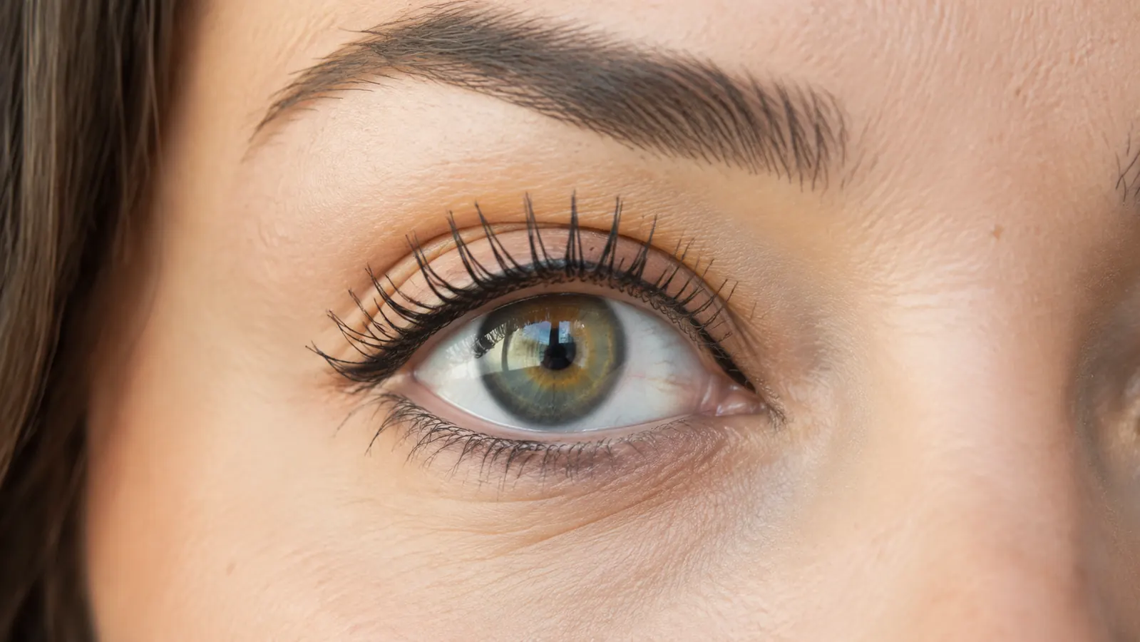 Close-up of clean, separated, fanned-out eyelashes with no clumping after finished mascara application