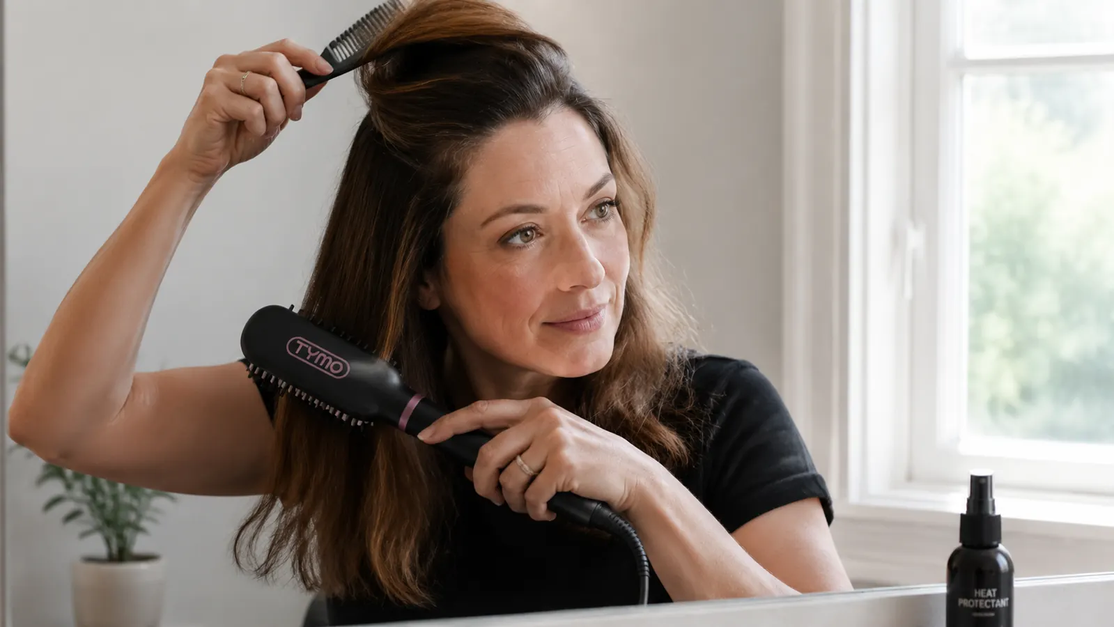 Close-up of a hand sectioning damp hair with a wide-tooth comb before using a straightener brush