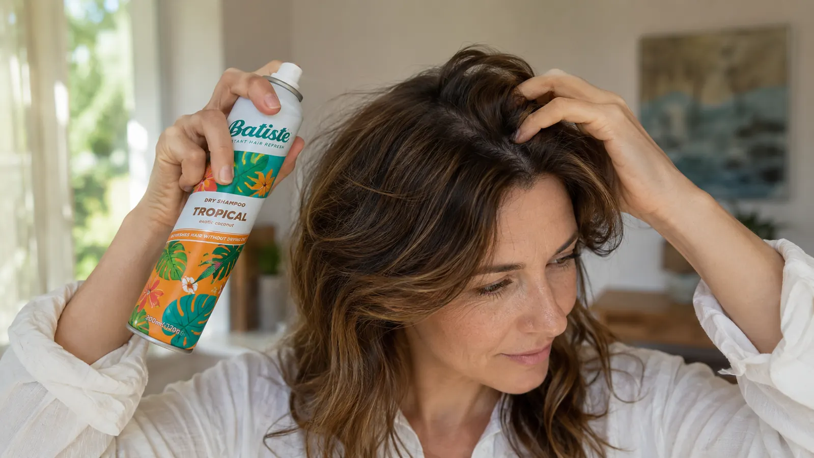 Close-up of fingertips massaging dry shampoo into hair roots to work in the powder