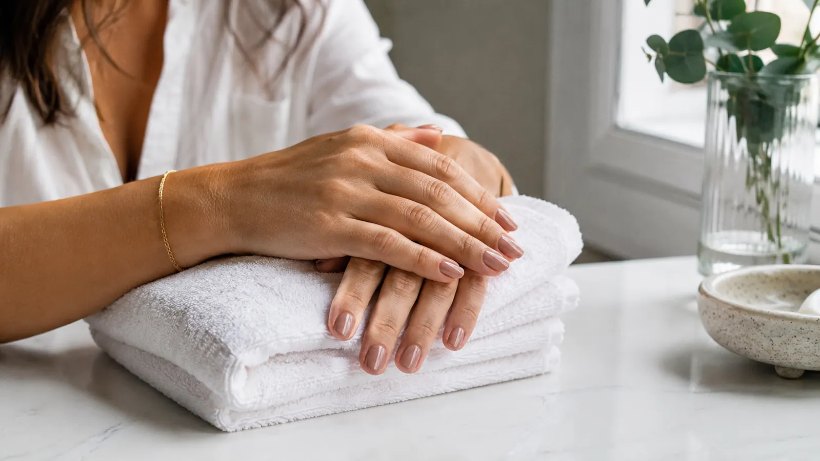 Finished gel manicure in a soft neutral shade resting on a folded towel