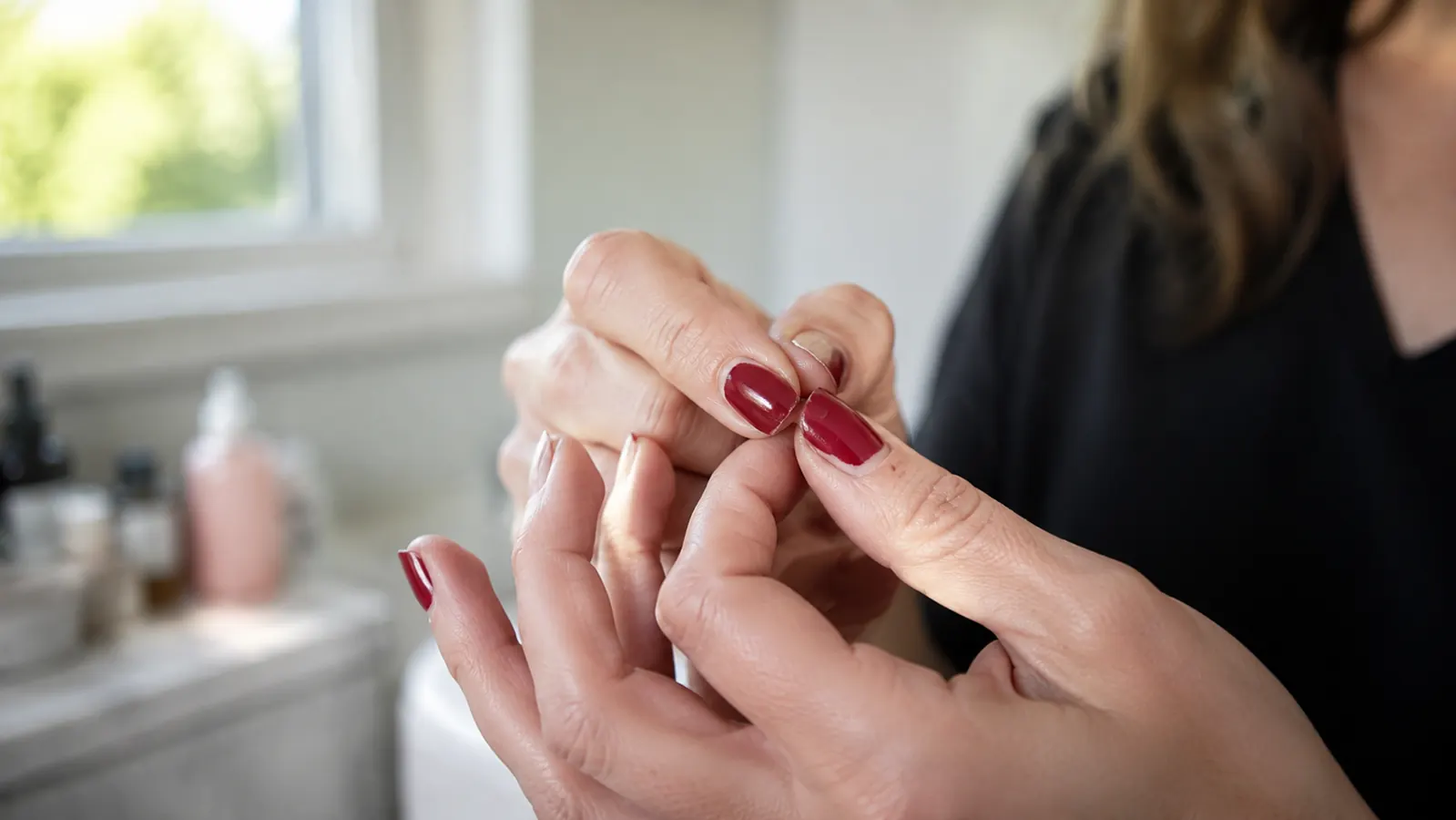 Woman peeling a chipped section of gel polish off her thumbnail, close-up