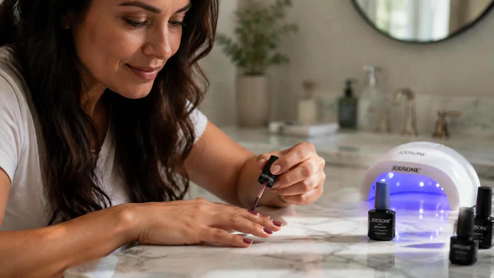 Hand applying gel polish from the JODSONE kit under the plugged-in UV lamp on a bathroom counter