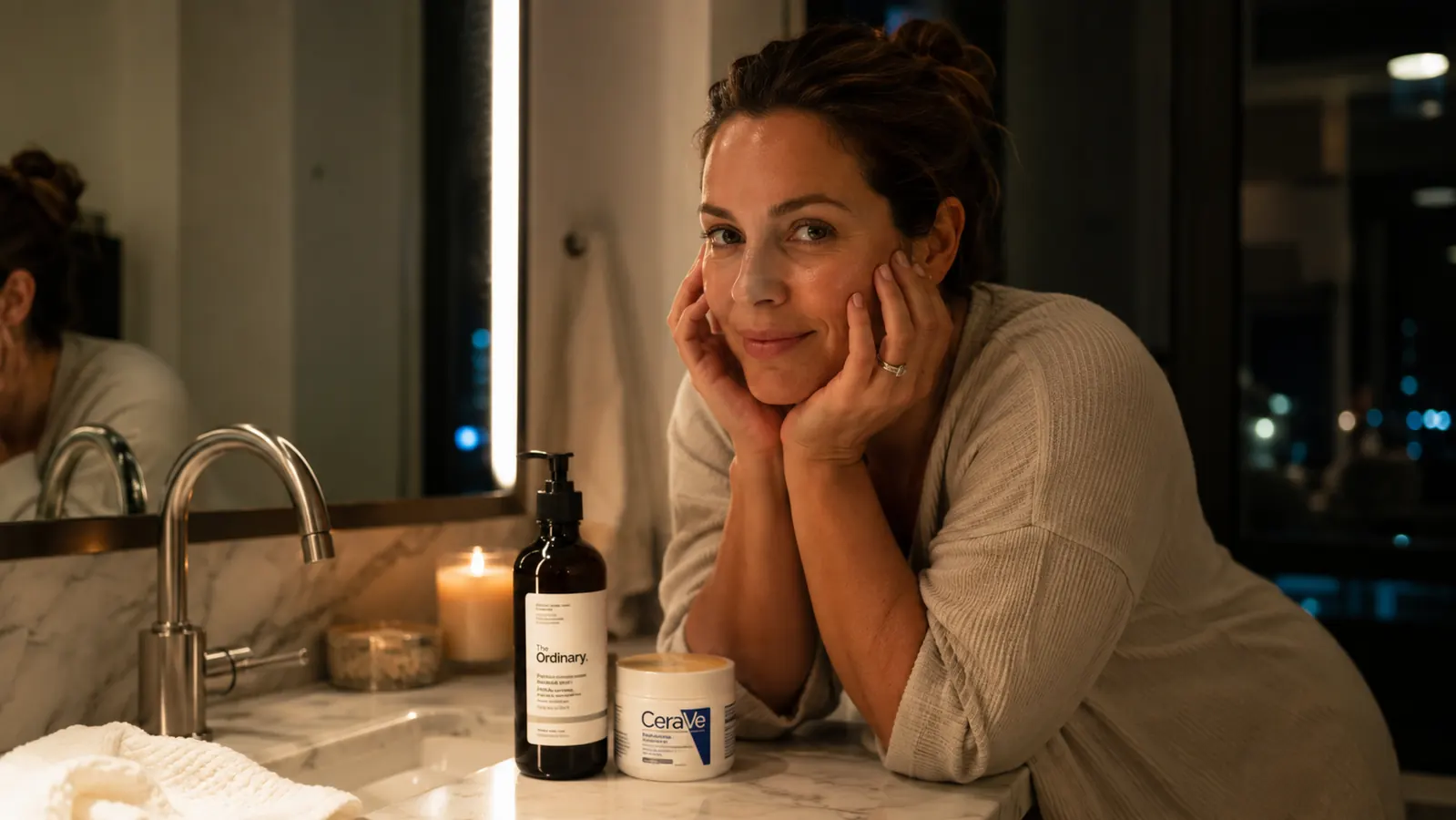 Bathroom counter at night with the cleanser bottle next to a moisturizer, dim warm lighting