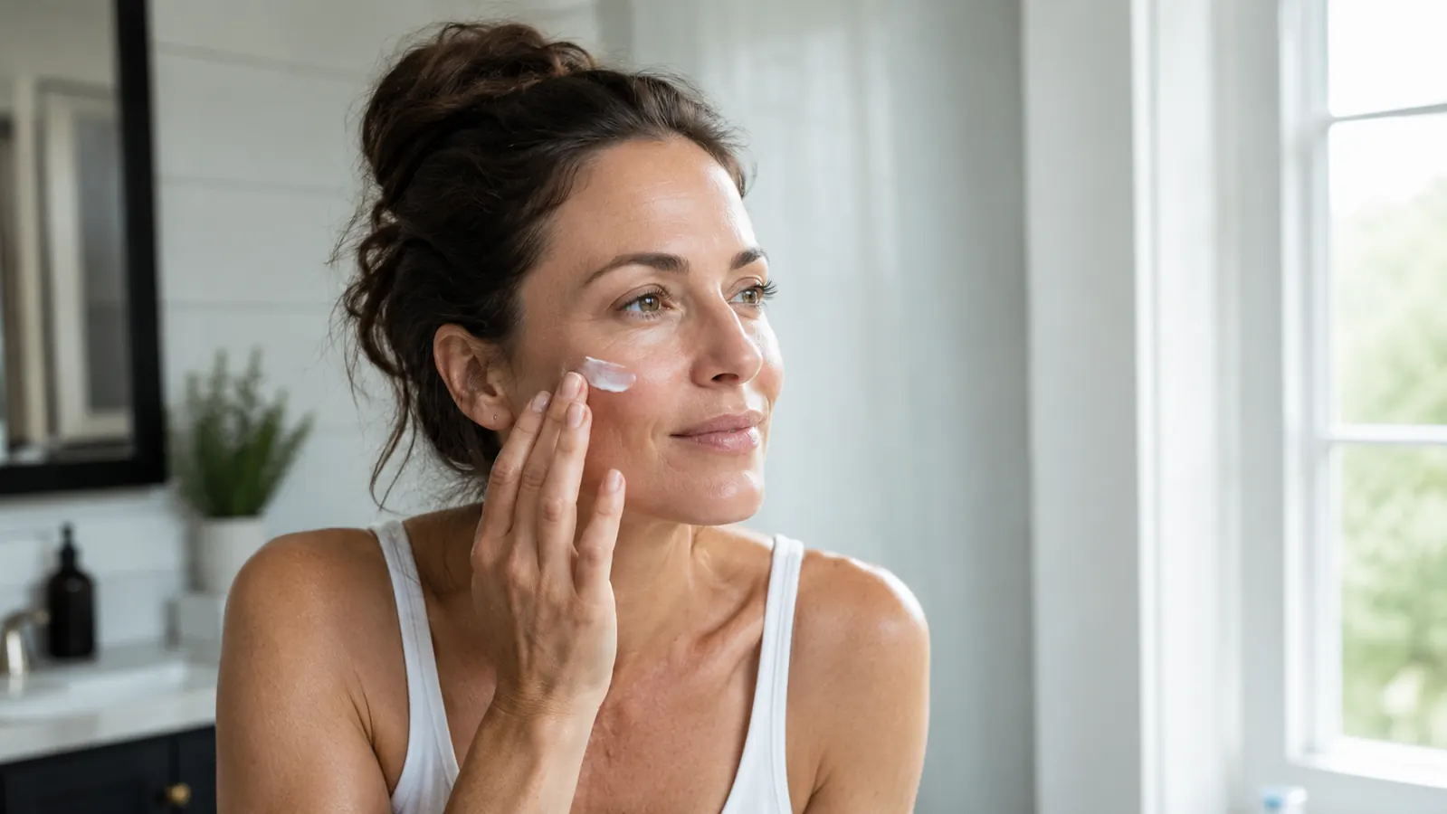 Woman applying moisturizer to calm, less-flushed skin in natural window light