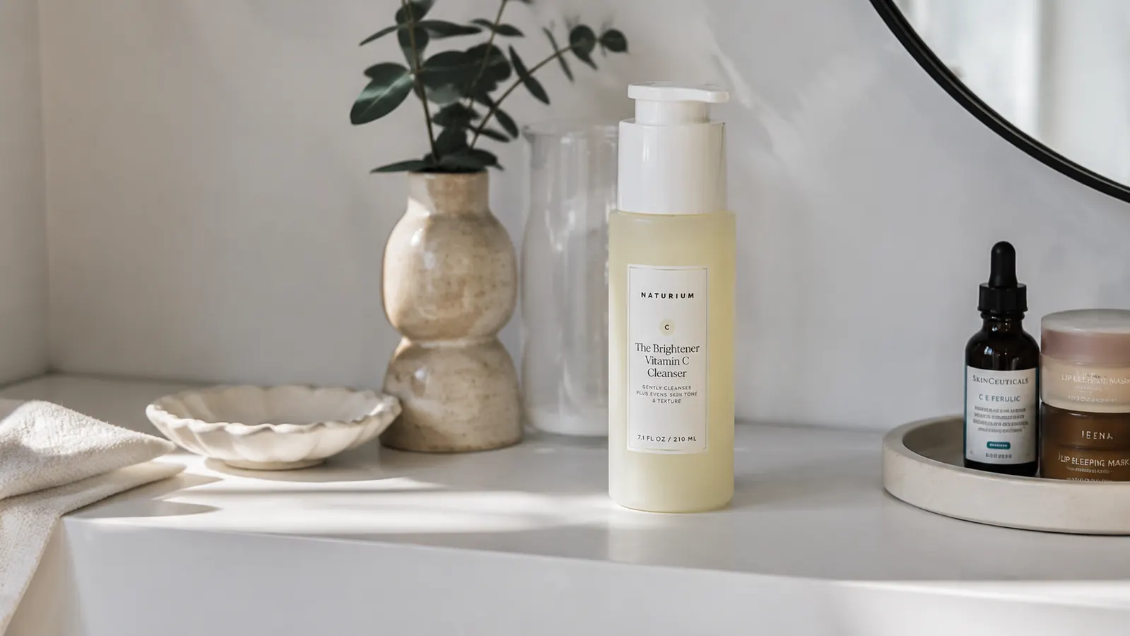 Toleriane cleanser bottle on bathroom shelf next to a folded towel and small potted plant