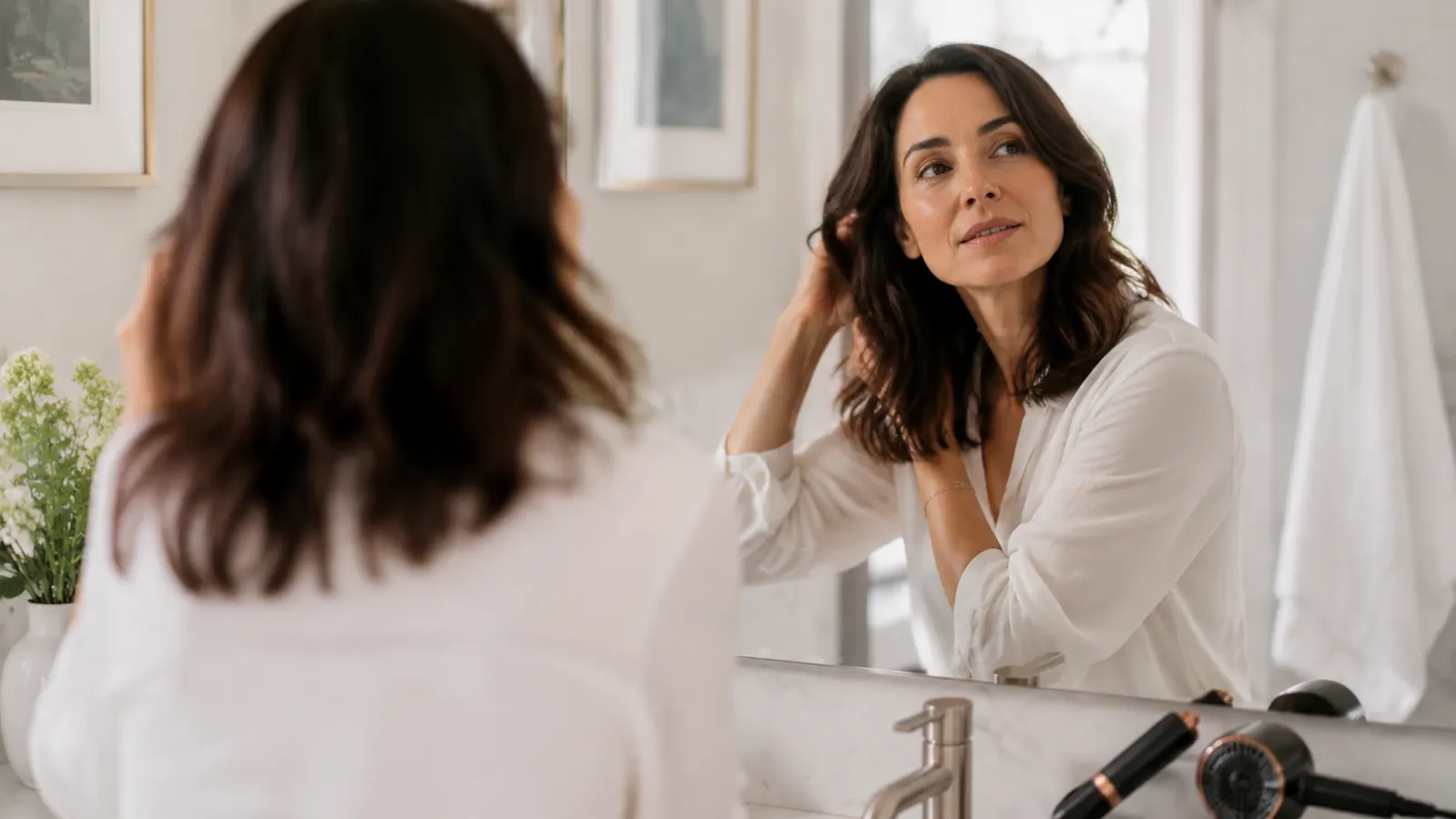Woman checking smooth, straight hair in a bathroom mirror before leaving for work, both styling tools visible cooling on the counter behind her